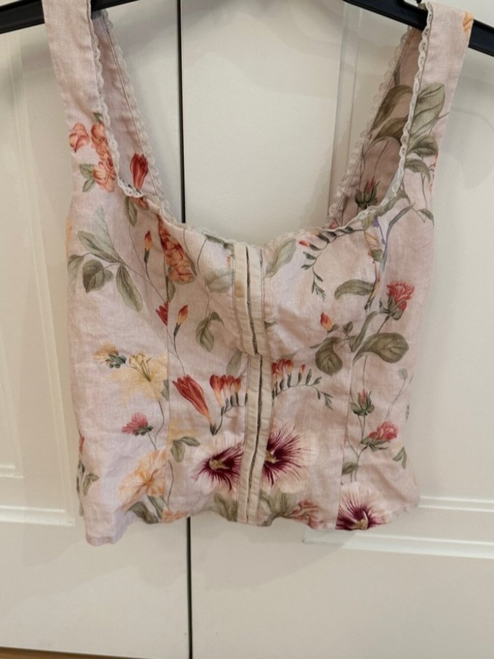 Floral Linen-Blend Corset Top in Light Pink